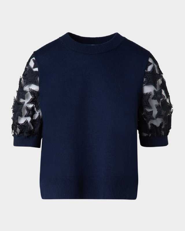 3D Star Embroidered Short-Sleeve Knit Sweater